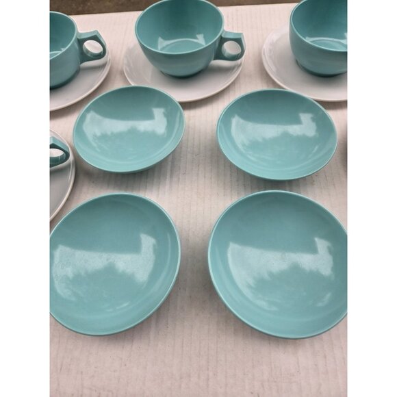 Set 14 Vintage MCM Melmac Durawear White & Turquoise Coffee Cups Berry Bowls - Picture 3 of 13